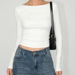 SHEIN White Ribbed Boatneck Long Sleeve Crop Top